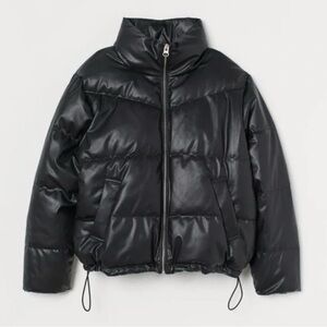 H&M Black Faux Leather Puffer Bomber Jacket size medium